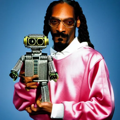 Image similar to Snoop Dogg holding a robot for a 1990s sitcom tv show, Studio Photograph, portrait, C 12.0