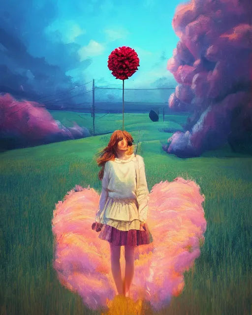 Image similar to girl with a giant carnation as face, surreal photography, flower field, sunset dramatic light, impressionist painting, colorful clouds, blue sky, digital painting, artstation, simon stalenhag