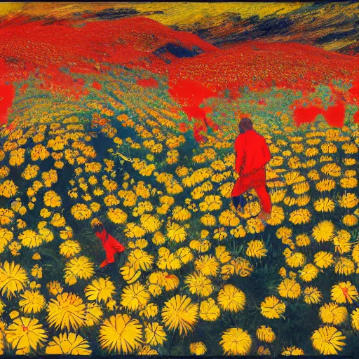 Image similar to 2 people in red desert drowning in a sea of yellow flowers, surrounded by swirls of prickly flowers rage , highly detailed, intricate, surreal, painting by Franz Marc, part by Yoji Shinkawa, part by Norman Rockwell