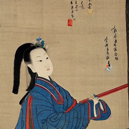 Prompt: the Chinese ancient painting of a lady using selfie stick in Tang Dynasty , by Han Xizai