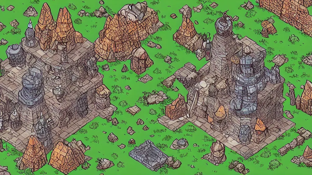 Prompt: aerial view of a wizard tower that's surrounded by resources, lineart from a resource gathering game