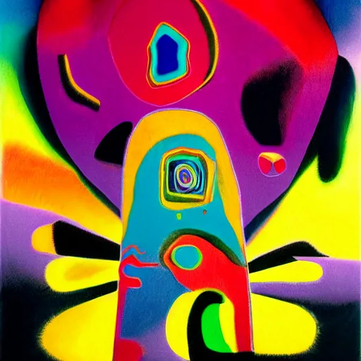 Image similar to looming colorful refracting land fractal covey mayo guava clover , by Stanisław Szukalski and Jean-Michel Basquiat and Georgia O'Keeffe , trending on deviantart , child's drawing , synthwave