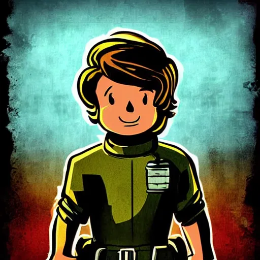 Image similar to digital art cold war poster of vault boy from fallout 3 game,