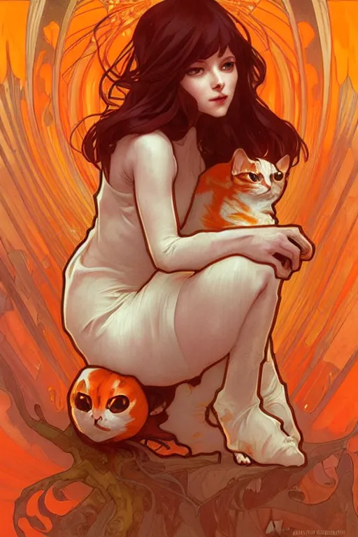 Image similar to a orange cat eating spiders, art by artgerm and greg rutkowski and alphonse mucha