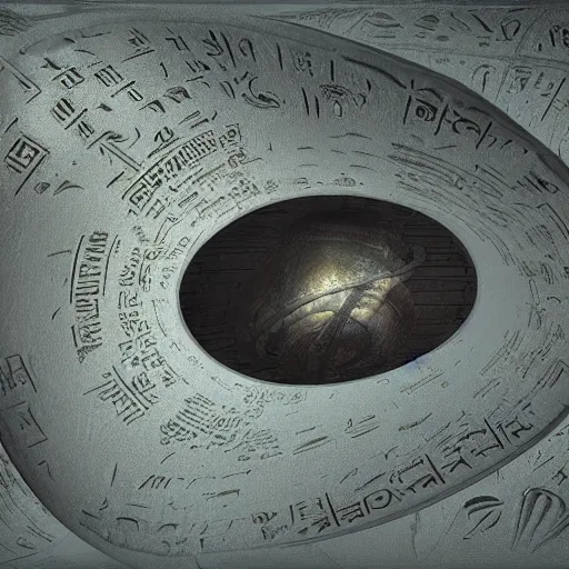 Image similar to well designed alien rosetta stone, alien hieroglyphics, 3 d concept render by gustave dore and rhads, well researched, linguistically accurate, global illumination, vray, cgsociety