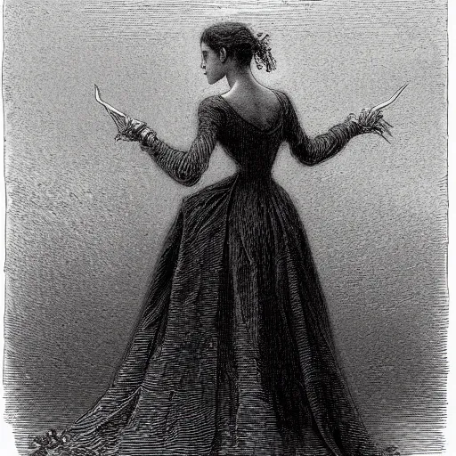 Image similar to Woman in a victorian dress, dramatic light, high contrast, illustration by Paul Gustave Doré