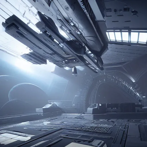 Prompt: unreal engine, photorealistic industrial spaceship inspired by Ridley Scott