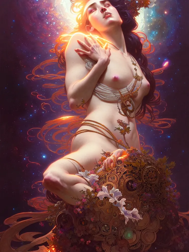 Prompt: ultra realistic, awakening of the cosmic goddess, intricate details, eerie, artstation, highly detailed, 8k, art by artgerm and greg rutkowski and alphonse mucha