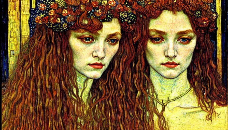 Image similar to detailed realistic beautiful young medieval queen face portrait by jean delville, gustav klimt and vincent van gogh, art nouveau, symbolist, visionary, gothic, pre - raphaelite, muted earthy colors, desaturated