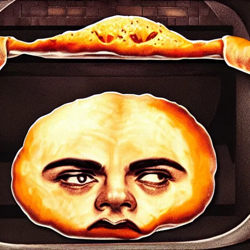 Image similar to al capone as a calzone being turned into a calzone as a calzone but still with the face of al capone being baked in an oven as a calzone, realistic, hyperrealistic, ultra realistic, real, real world, highly detailed, very detailed, extremely detailed, intricate details, 8 k resolution, hd quality