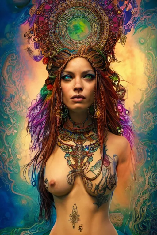 Image similar to a centered full body render of an alluring festival hippy with tribal tattoos surrounded by a underwater ink pour and flowing liquid gallium and sacred geometry, perfect body and face, gorgeous, cinematic, beautifully lit, by artgerm, by karol bak, by donato giancola, 3 d, trending on artstation, octane render, 8 k