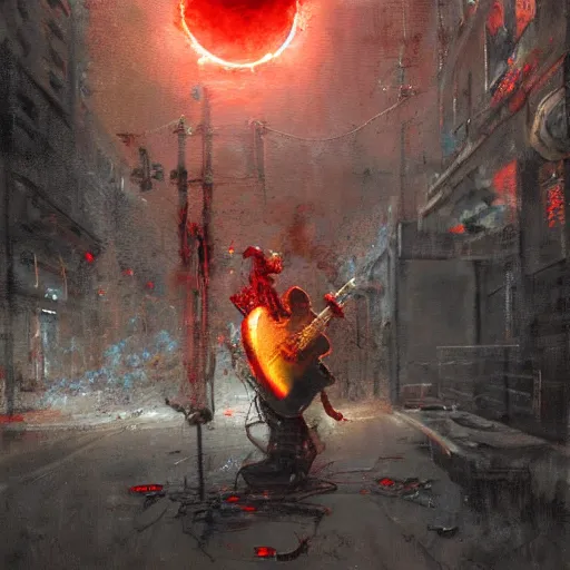 Prompt: a biomechanical robot playing guitar, flames shooting from guitar, ruined street, blood moon, by Jeremy Mann, stylized, detailed, realistic, loose brush strokes