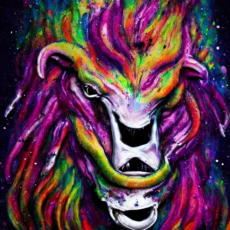 Prompt: cute xenomorph, cow head, lion mane, pig nose, sheep horns, splatter paint, desaturated rainbow color palette, symmetrical, golden ratio, rule of thirds, full face portrait