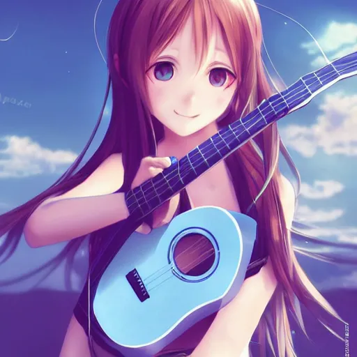 Image similar to a cute little yuuki asuna playing guitar, full body, long wavy blond hair, sky blue eyes, full round face,, bikini, miniskirt, front view, mid - shot, highly detailed, cinematic wallpaper by stanley artgerm lau