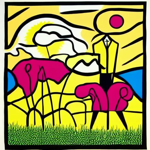 Prompt: opulent, bold by patrick caulfield. a beautiful conceptual art of a man & a woman in a field of tall grass with the sun setting behind them