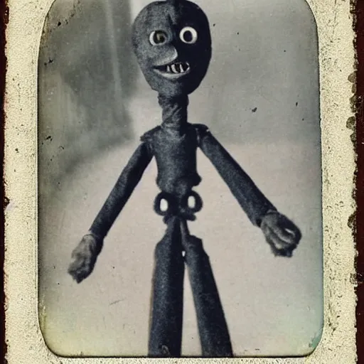 Image similar to creepy marionette puppet towards viewer, horror, lost photograph, forgotten, final photo found before disaster, polaroid,