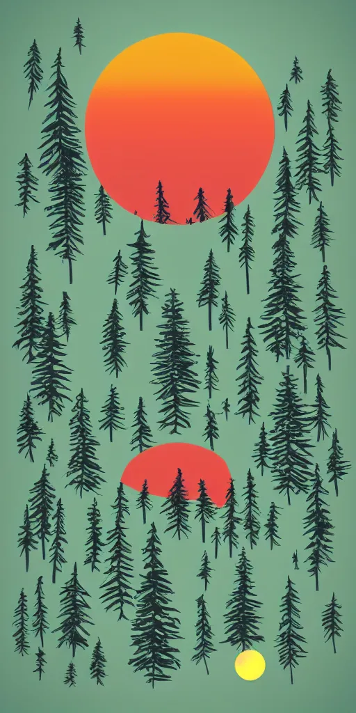 Prompt: shirt design, vector style, a bunch of pines, big red sun, fresh modern look, made with photoshop,