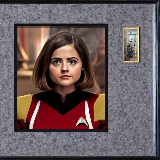 Image similar to a beautiful full body photograph of jenna coleman as a star fleet science officer from star trek next generation, full dress uniform, symmetrical face, extreme realism and detail, 8 k, completely framed, direct lighting, 3 5 mm photo, photorealistic, sharp focus