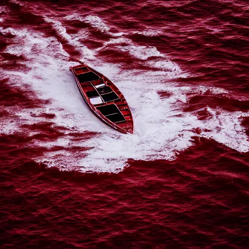 Image similar to a lonely boat floating in the turbulent red ocean, tsunami, fierce huge waves, dangerous depressing atmosphere, dark tone, illustration, aerial view, evil