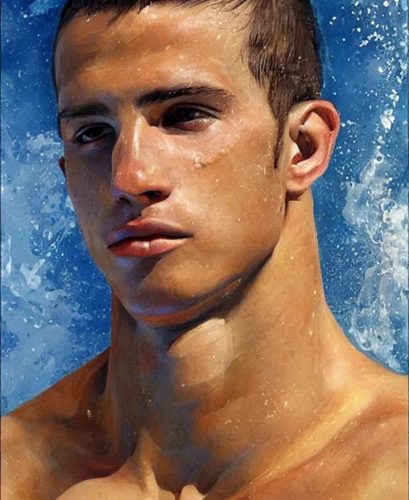 Image similar to portrait of a handsome young spanish swimmer, art by denys tsiperko and bogdan rezunenko, hyperrealism