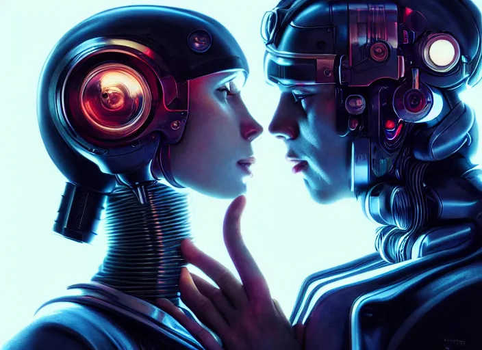 Image similar to ultra realistic medium shot of a couple of cyborgs kissing, lovers, cyberpunk, sci - fi, kodak, faces, colour led, soft light, volumetric lighting, fog, rays, night, intricate detailed, digital painting, concept art, smooth, sharp focus, illustration, art by artgerm and greg rutkowski and alphonse mucha