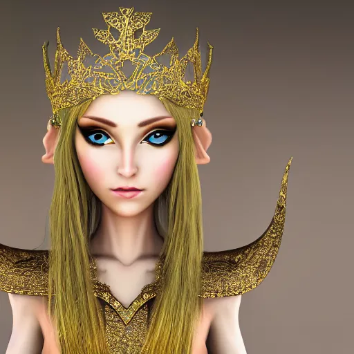 Image similar to beautiful elf queen, eye contact ,highly detailed, 4k, HDR, smooth, sharp focus, hyper realistic, high resolution, award-winning photo