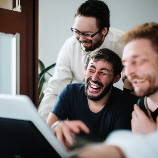 Image similar to several guys looking at a laptop screen laughing, colour photograph, 35mm