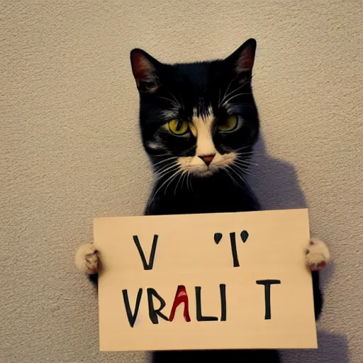 Prompt: realistic high quality photo of a cute cat holding a sign with text that reads : vlad e prost