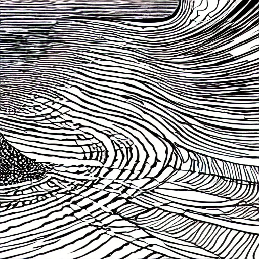 Image similar to ocean swells by Moebius, black and white, fine lines