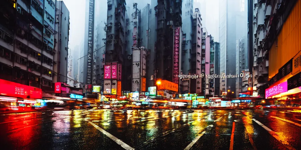 Prompt: rainy Hong Kong downtown city street