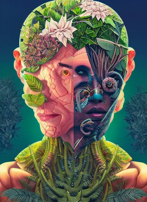 Image similar to gigantic cyborg head, a lot of exotic vegetation, trees, flowers by junji ito, tristan eaton, victo ngai, artgerm, rhads, ross draws, hyperrealism, intricate detailed