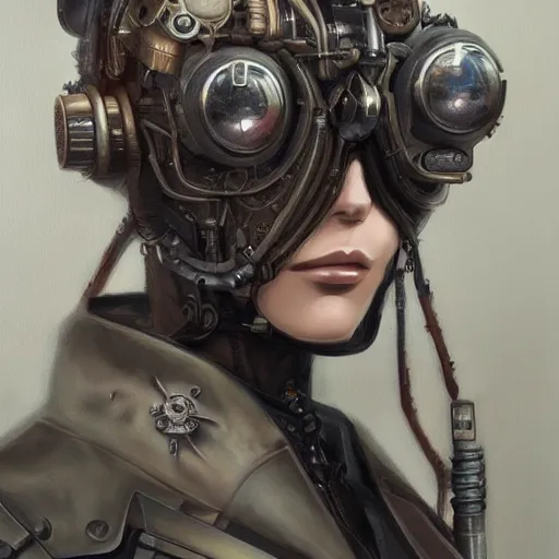 Image similar to portrait painting of a steampunk cyborg pilot, transhumanism, ultra realistic, concept art, studio ghibli, intricate details, eerie highly detailed