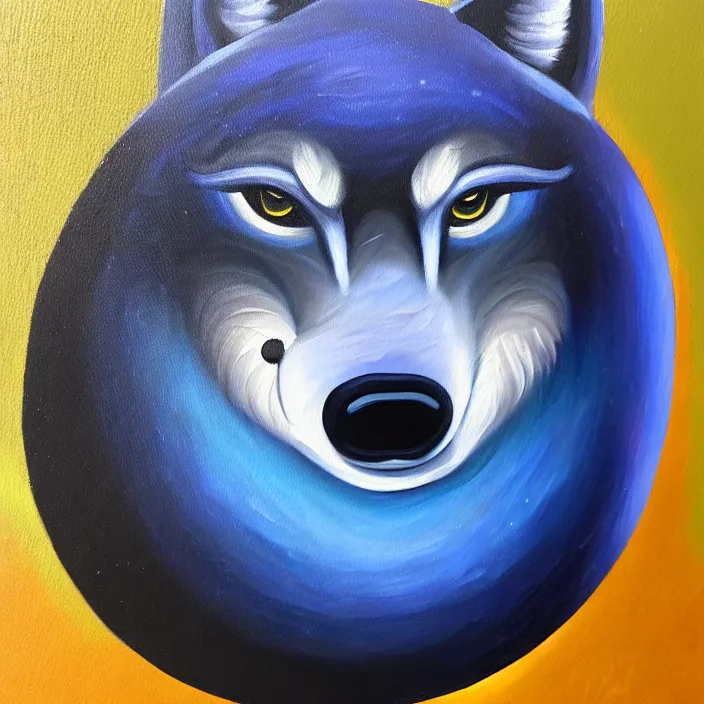 Image similar to a painting of a spherical indigo anthropomorphic male wolf, fursona, furry, round, cute, oil on canvas, soft textures