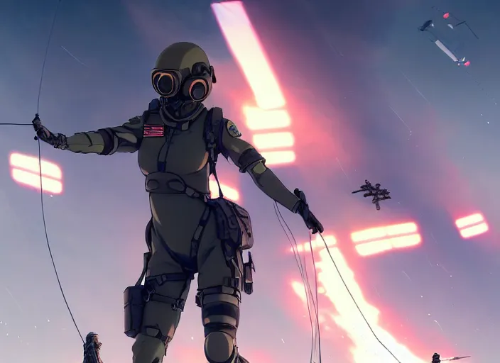 Image similar to portrait of pilot girl parachuting behind enemy lines, black sky background, chaotic landscape, illustration concept art anime key visual trending pixiv fanbox by wlop and greg rutkowski and makoto shinkai and studio ghibli and kyoto animation, kaki body suit, wires, odst, oxygen mask, military gear, grimdark, volumetric lighting