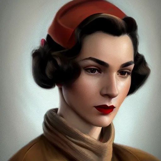 Prompt: A videogame portrait of a Spanish young woman with high cheekbones. Good bone structure. Dressed in 1940s style. Highly detailed, fine Art, high detail, great lighting, 8k resolution, masterpiece, concept art, illustration, clear eyes, painting oil on canvas, octane render, HDR, trending on artstation, 4k, 8k, HD