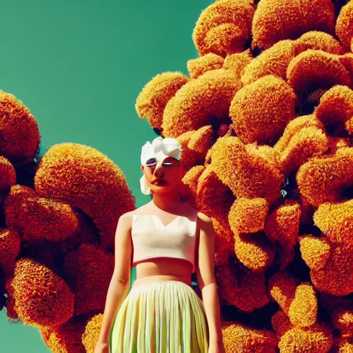 Image similar to giant flower head, frontal, girl standing in mid century hotel, surreal, symmetry, bright colors, cinematic, wes anderson