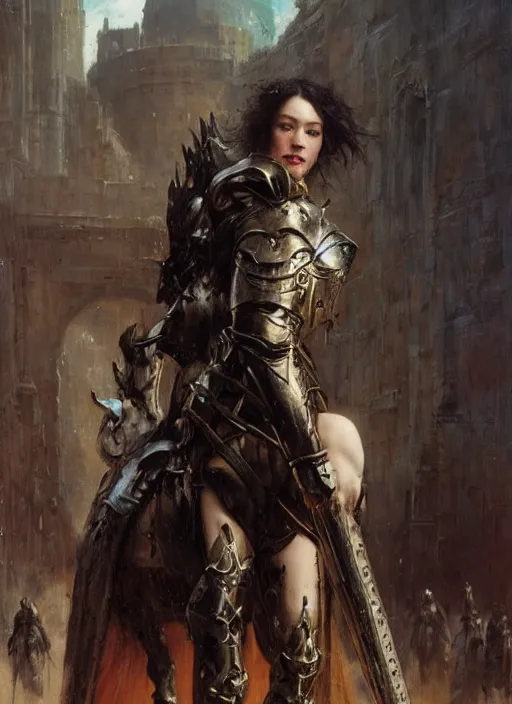 Image similar to stoya wearing full body black medieval armour, by gaston bussiere, bayard wu, greg rutkowski, giger, maxim verehin, greg rutkowski, masterpiece, sharp focus, cinematic lightning