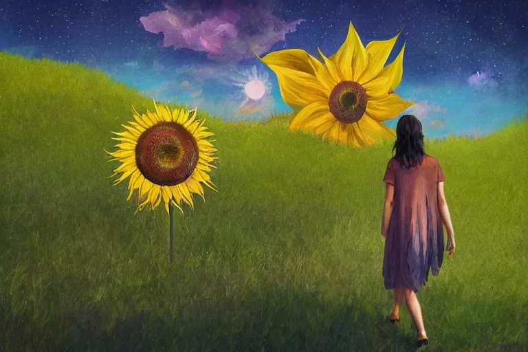 Image similar to giant sunflower as a face, girl walking between trees, hills, surreal photography, dark night, star trails, dramatic light, impressionist painting, clouds, digital painting, artstation, simon stalenhag