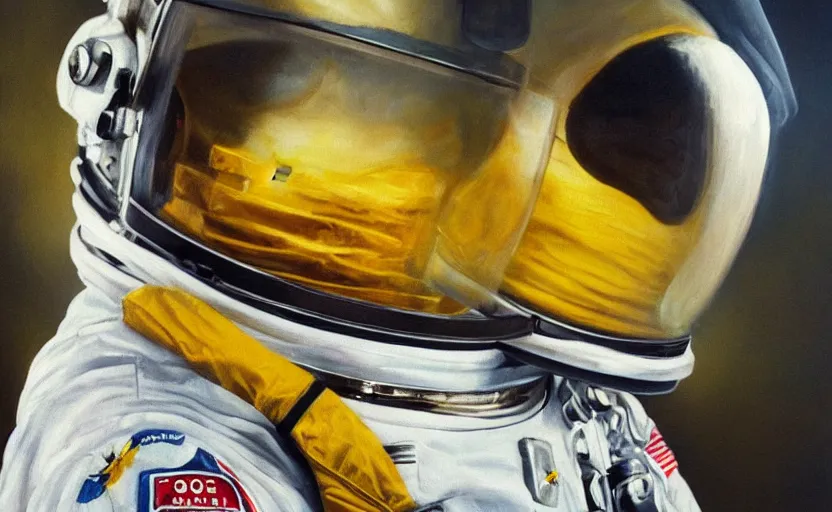 Image similar to oil painting of a bee in a astronaut suit with helmet, 35mm, photo, Epic, cinematic, highly detailed and intricate