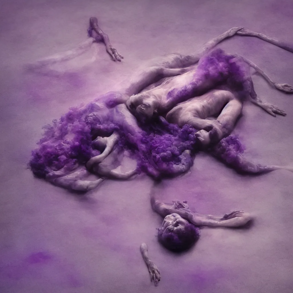 Prompt: iridiscent oil spill with women corpses connected by cables and computers to wax forms to a buried baby relaxing on yoga mat, faded, purple gradient, dust, purple fog, depth of field, by nadav kander and hans bellmer, 8 k, ultrarealistic, sad atmosphere, cinematic, 8 5 mm lens