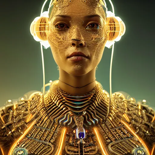 Prompt: portrait of an absurdly beautiful, graceful, sophisticated, fashionable egyptian cyberpunk mechanoid gravure idol, hyperdetailed illustration by irakli nadar, matt wisniewski style, intricate linework, fashion photography, porcelain skin, jellyfish headdress, golden cable necklace, unreal engine 5 highly rendered, radiant light, detailed and intricate environment