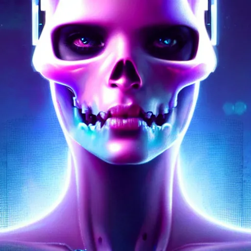 Prompt: portrait a cyberpunk synthwave skull covered in glass frosted plastic, ultra realistic, concept art, intricate details, eerie, frosted, highly detailed, photorealistic, octane render, 8 k, unreal engine. art by artgerm and greg rutkowski and charlie bowater and magali villeneuve and alphonse mucha