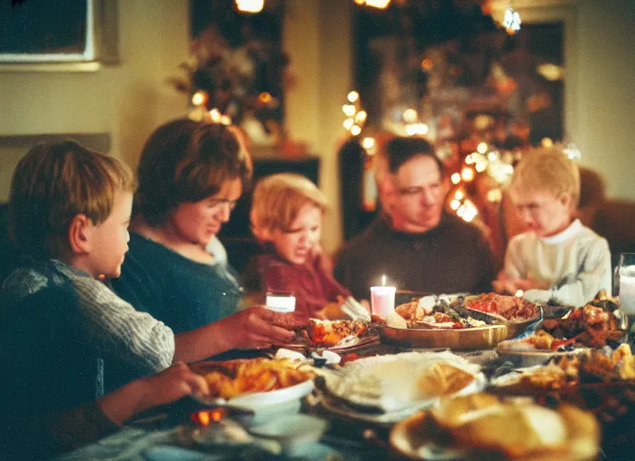 Image similar to a 3 5 mm photo of a family thanksgiving, bokeh, canon 5 0 mm, cinematic lighting, dramatic, film, photography, golden hour, depth of field, award - winning, 3 5 mm film grain, retro, film, kodachrome