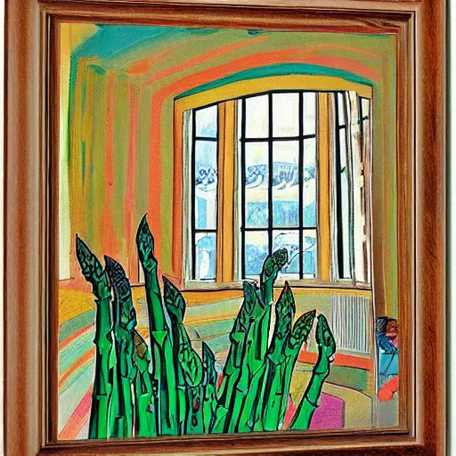 Prompt: A beautiful painting of a large room with many people in it. There is a lot of activity going on, with people talking and moving around. The room is ornately decorated and there is a large window at one end. asparagus by Norman Bluhm, by Charles Robinson bold