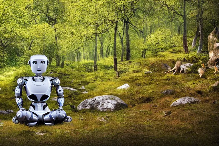 Image similar to professional photo of highly-detailed robot sitting cross-legged with its head pointing down realizing he is the last robot in existence, on a small hill, in a fantasy forest with blooming trees and surrounded my wildlife, river flowing beside the robot, 4k, highly detailed, Unreal Engine