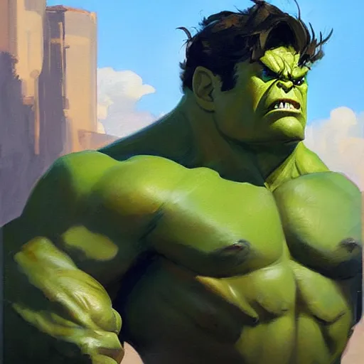 Image similar to Greg Manchess portrait painting of the Hulk as Overwatch character, medium shot, asymmetrical, profile picture, Organic Painting, sunny day, Matte Painting, bold shapes, hard edges, street art, trending on artstation, by Huang Guangjian and Gil Elvgren and Sachin Teng