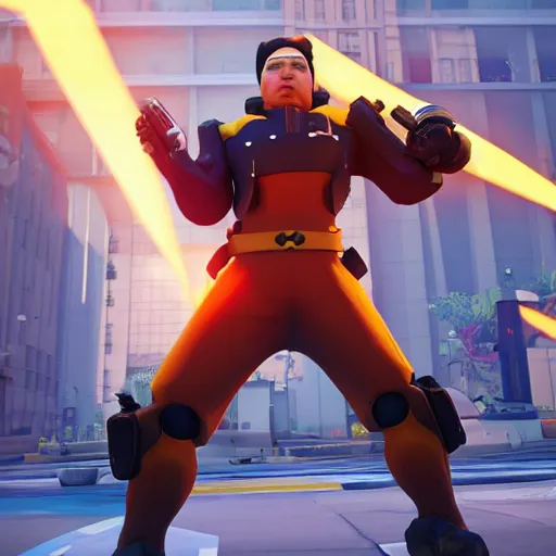 Image similar to mao zedong is the newest overwatch character, kings row in the background, octane render, blender render, unreal engine, action shot, cinematic lighting