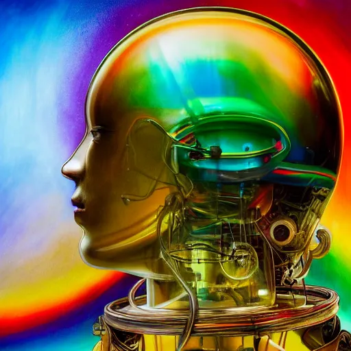 Prompt: 3 / 4 view of a transparent mechanical rainbow glass robot helmet, eye - level medium shot, elegant, by h. r. giger, by esao andrews, by simon stalenhaag, centered, high depth of field, rich volumetric light, 3 d oil painting, smooth, reallusion character creator, depth perception, 4 k, deviantart