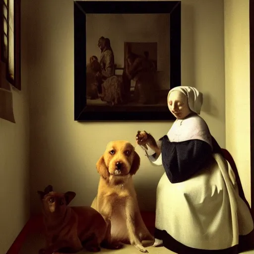 Image similar to dog feeding his pet human, an ultra high definition professional studio quality photograph, trending on artstation, vermeer.