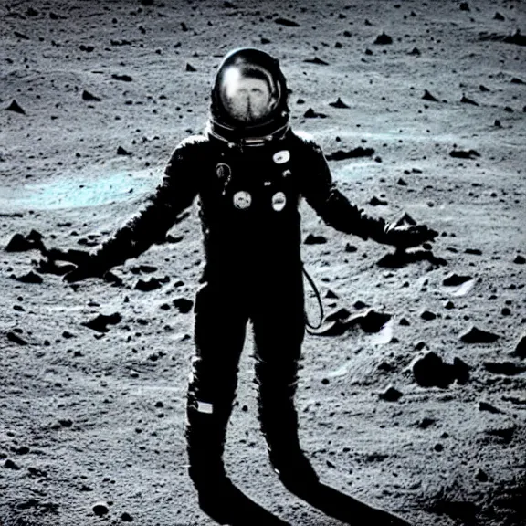 Image similar to dustin bates from starset band in sci fi uniform doing an epic cinematic pose on the moon, highly detailed, masterpiece
